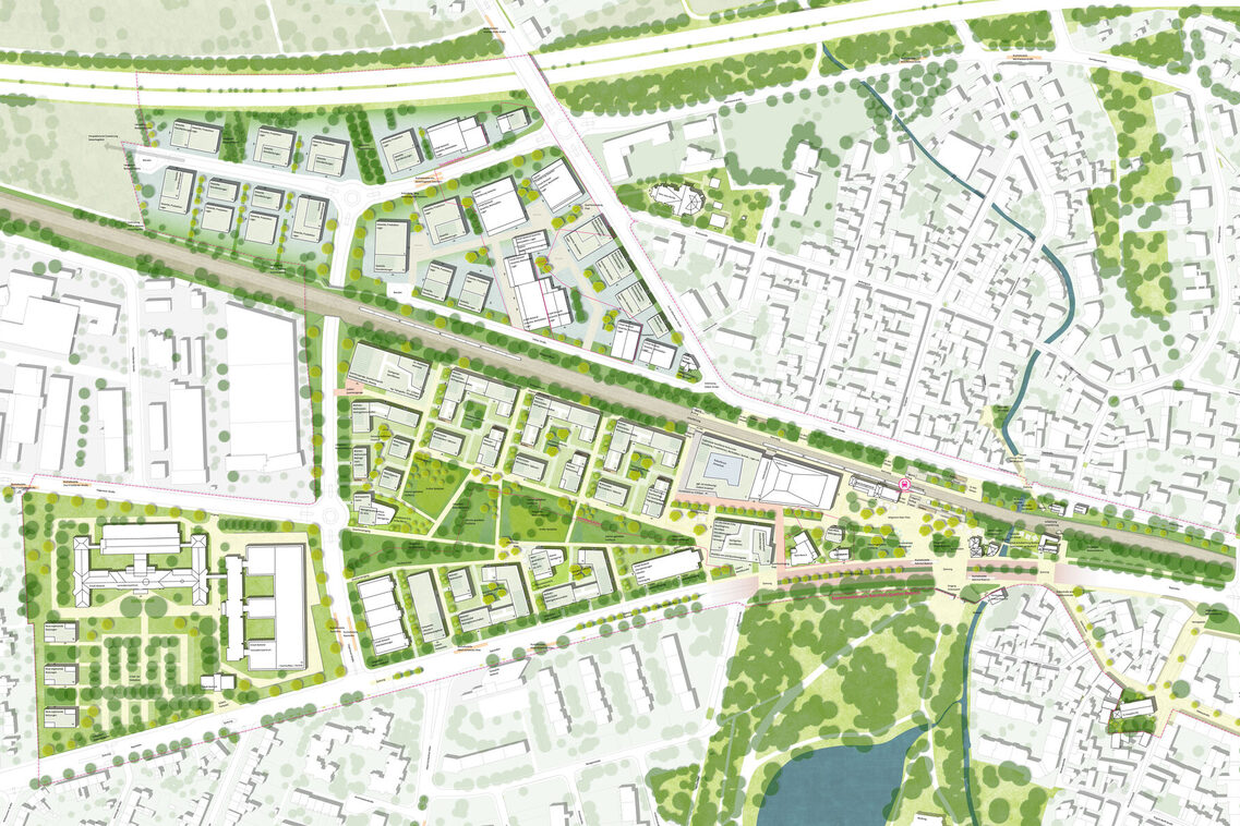 Entwurf einer möglichen Entwicklung des Bahnhofs.Quartiers Biebrich. Zu erkennen sind der Regionalbahnhof Wiesbaden-Biebrich. Der Seligmann-Baer-Platz wird attraktiv gestaltet. Ein Theater bietet kulturelle Angebote. Gebäude zum Wohnen und Arbeiten sind in Blöcken um eine große grüne Mitte orientiert. Eine neue Straße verbindet die Hagenauer Straße mit der Erich-Ollenhauer-Straße. Entlang dieser entsteht ein funktionales Gewerbegebiet.