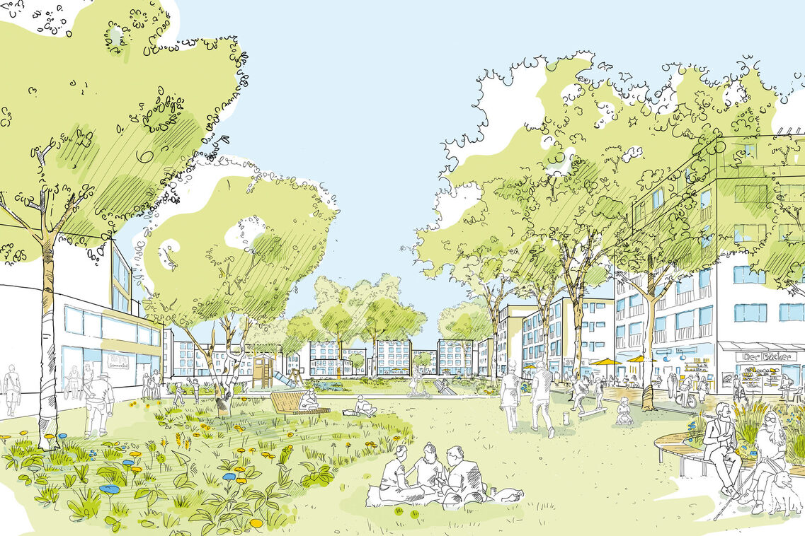 Grafische Zeichnung einer möglichen Gestaltung des Bahnhofs.Quartiers Biebrich. Eine große Grünfläche wird von verschiedenen Gebäuden umringt. Zahlreiche Bäume spenden Schatten. Viele verschiedene Menschen spazieren oder sitzen auf Bänken und im Gras.