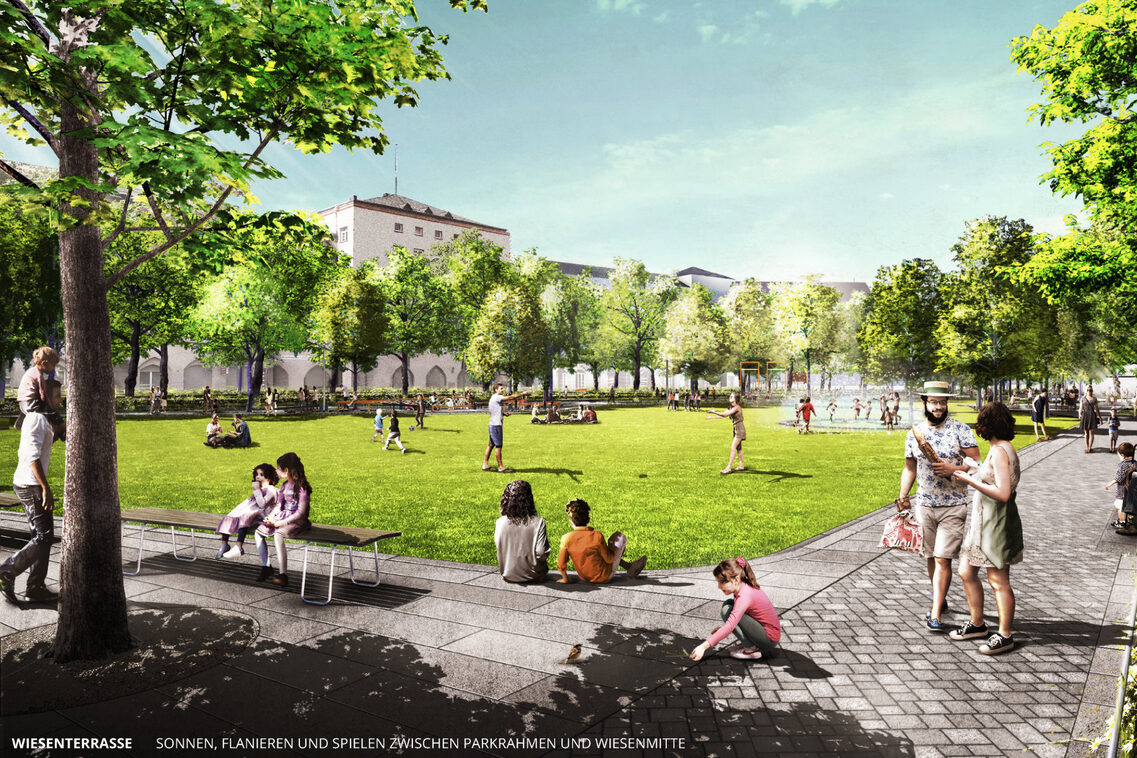Visualisierung der Wettbewerbsarbeit – Perspektive auf der die große Wiese zu sehen ist, die durch den befestigten Parkrahmen gefasst wird.