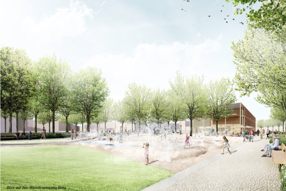 Visualisierung der Wettbewerbsarbeit – Perspektive auf der eine Wiese, Sitzbänke und ein Wasserelement zu sehen ist.