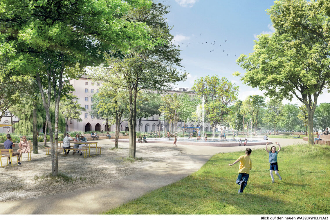 Visualisierung der Wettbewerbsarbeit – Perspektive auf der eine Wiese mit spielenden Kindern, Sitzgelegenheiten und im Hintergrund ein Wasserelement zu sehen ist.