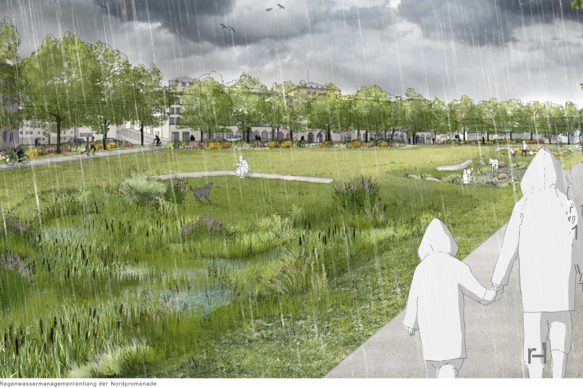 Visualisierung der Wettbewerbsarbeit – Perspektive auf der eine große Wiese bei Regen zu sehen ist. Im Vordergrund befinden sich zwei Personen in Regenmänteln und Rückenansicht.