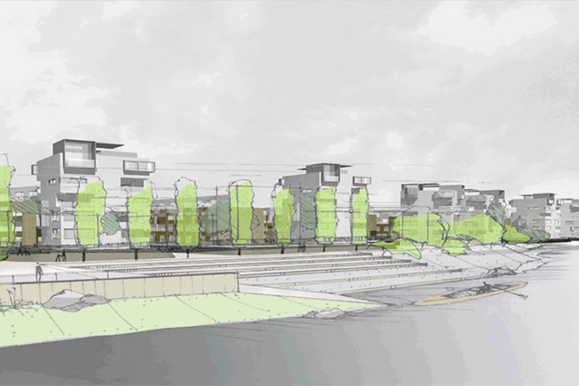 Visualisierung des Bebauungsvorschlags in Grau- und Grüntönen. Blick vom Wasser aus auf eine Uferpromenade mit Treppenstufen zum Wasser hin, dahinter eine Baumreihe und dahinter solitäre Bebauung.