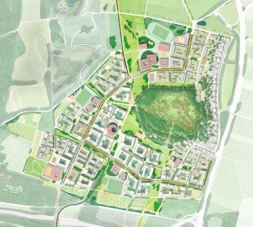 Das Bild zeigt einen Entwurf des geplanten Stadtquartiers. Darauf sind die Häuser, grüne Achsen, Bildungscampus und die Straßen zu erkennen. Das künftige Stadtquartier schmiegt sich um das Biehler Wäldchen herum und schließt an die bestehende Siedlung am Fort Biehler an.