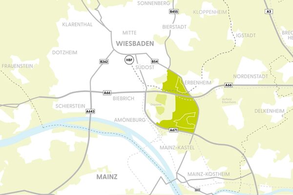 Das Bild zeigt die Karte der Stadt Wiesbaden mit farblich markiertem Entwicklungsbereich Ostfeld im Südosten der Stadt. Das Ostfeld befindet sich nördlich von Mainz-Kastel, westlich von Erbenheim und südlich von Wiesbaden Südost.