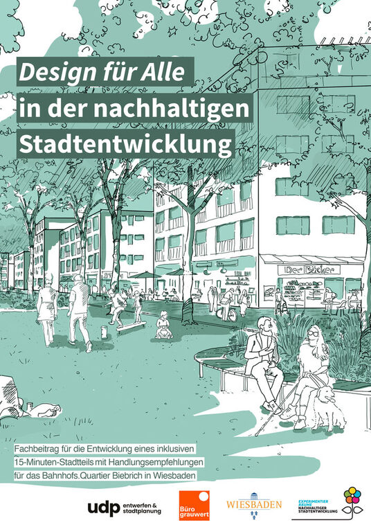 Auf der Abbildung ist die Titelseite des Fachbeitrags "Design für Alle in der nachhaltigen Stadtentwicklung" zu sehen. Dort sitzen und flanieren Menschen im Grünen. Im Hintergrund sind Gebäude zu sehen. In der Erdgeschosszone der Gebäude sieht man Gastronomie, Einzelhandel und weitere Geschäfte sowie Einrichtungen.