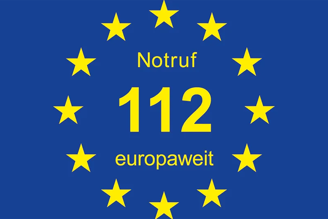 Notruflogo in Blau und gelb - Notruf 112 europaweit
