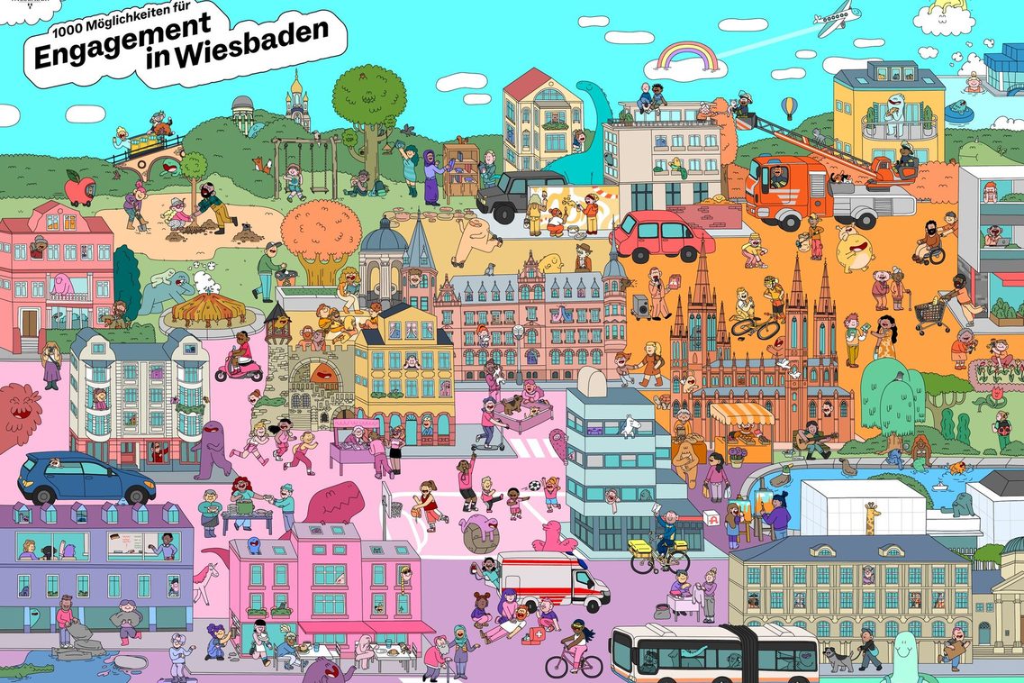 Auf dem bunten Wimmelbild sind Wiesbadener Gebäude zu sehen. Unterschiedliche Engagementformen werden in dieser Kulisse aufgegriffen.