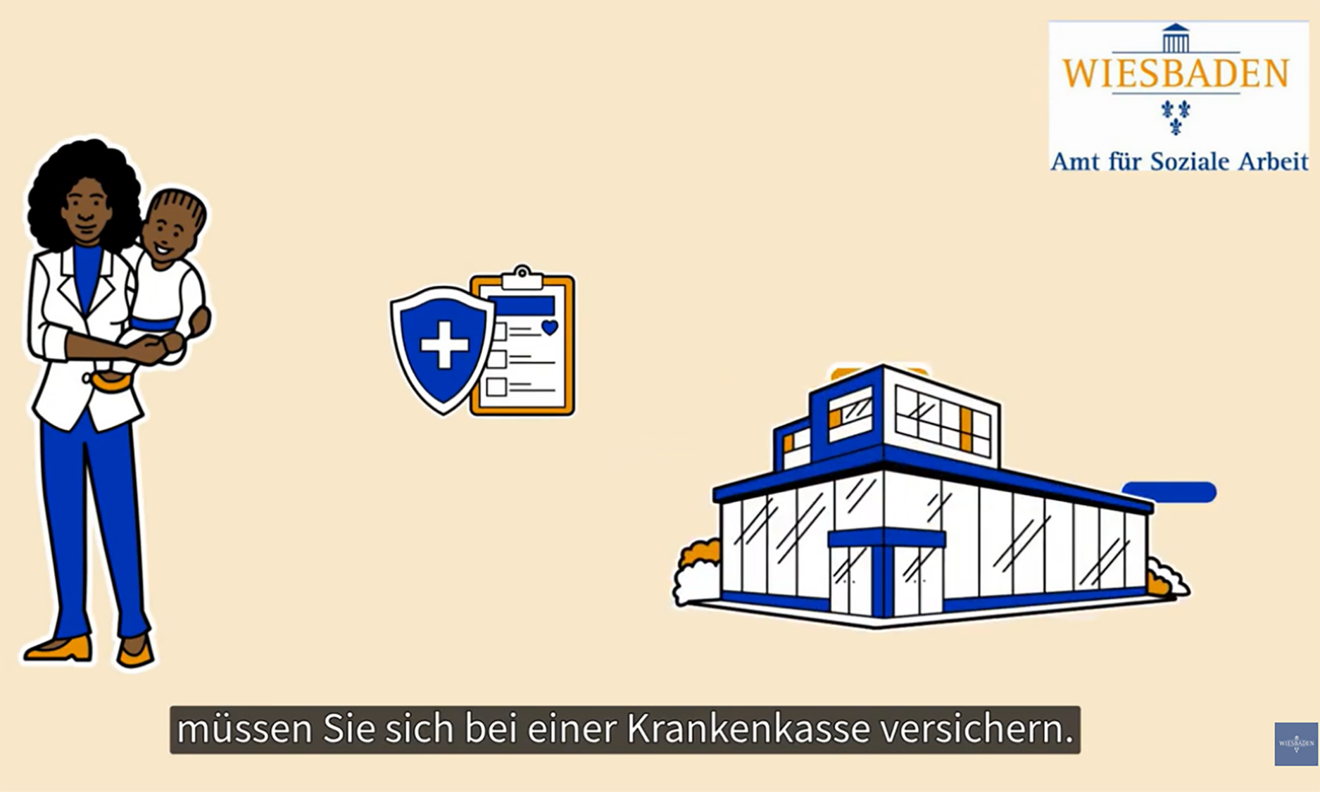 Zeichentrickfilm zeigt Mutter mit Kind und Schaubildern und Haus