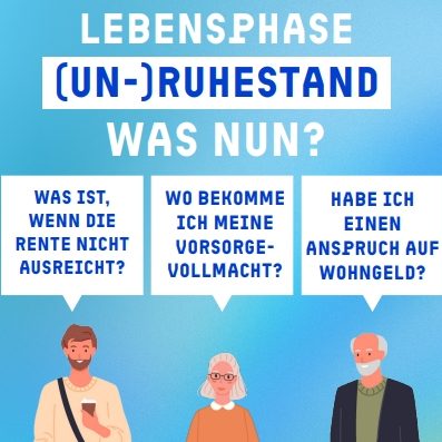 Voderseite des Flyer, drei Personen, die unterschiedliche Fragen zur Rente haben