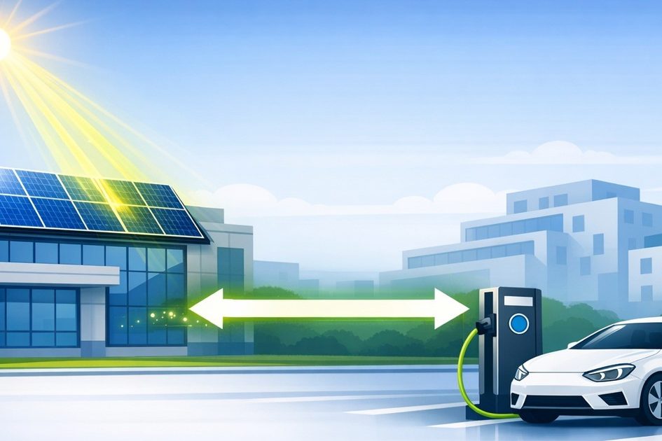 Elektroauto lädt an Ladestation mit bidirektionalem Pfeil zur Solaranlage auf Hausdach in moderner Stadtlandschaft