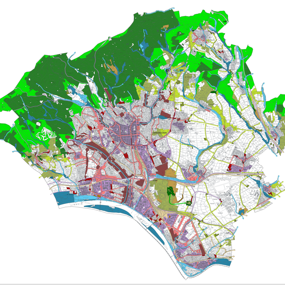 Stadtplan Wiesbaden mit farblich markierten Gebieten, darunter grüne Waldflächen im Norden und verschiedene städtische Zonen in Grau, Weiß und Braun, durchzogen von Straßen und Wasserläufen