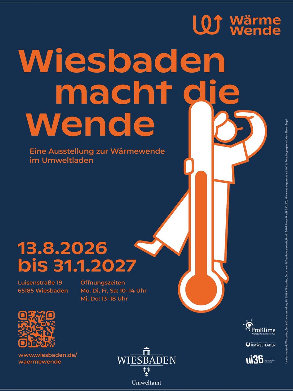 Plakat mit orangem Thermometer und Text zu Ausstellung "Wiesbaden macht die Wende" im Umweltladen