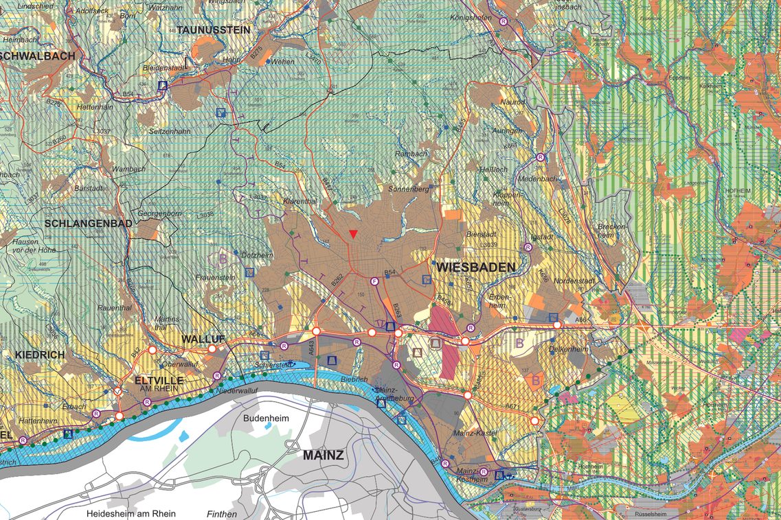Kartenausschnitt der Stadt Wiesbaden mit bunten Flächen