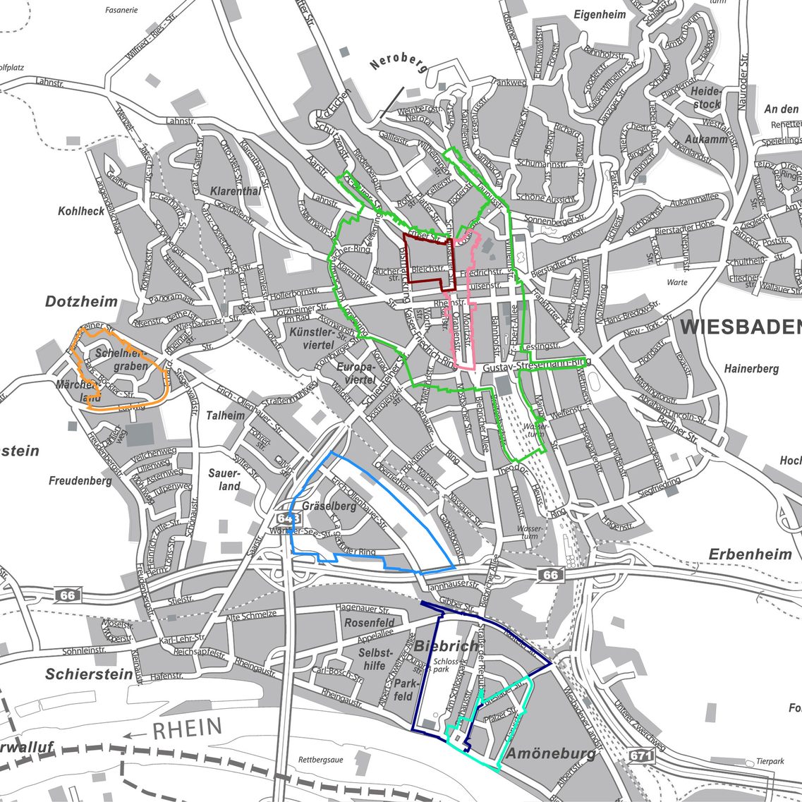 Karte von Wiesbaden mit Fördergebieten