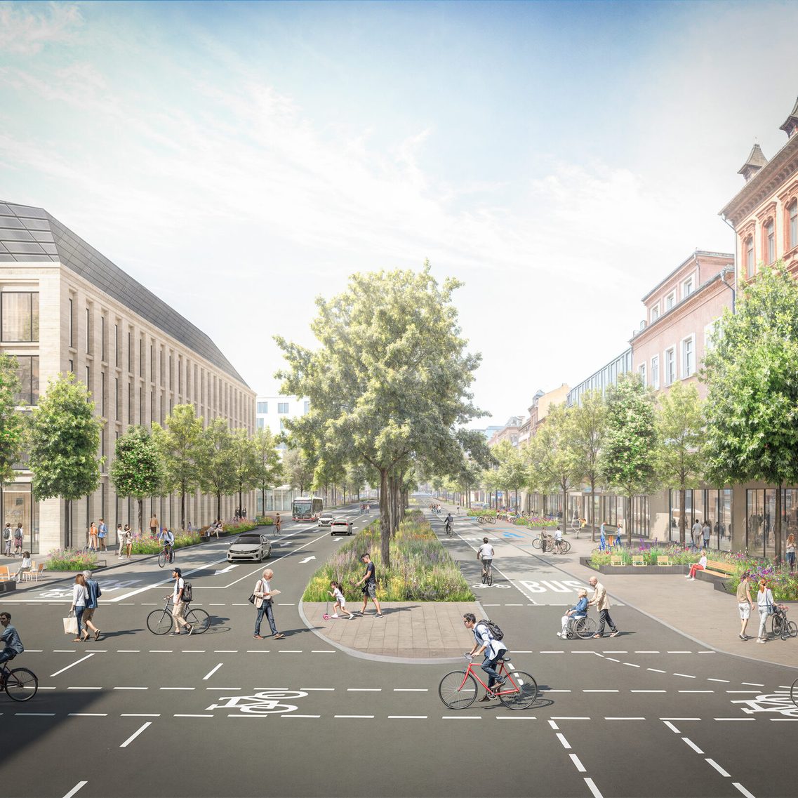 Im Hintergrund befindet sich der Neubau der Elly-Heuss-Schule, die Gehwegbereiche auf beiden Seiten sind breiter und mit Pflanzbeeten und Bäumen versehen. Der Individualverkehr in beide Richtungen wird auf der Westseite geführt. Auf der Ostseite befinden sich Busspur und Fahrradspur.