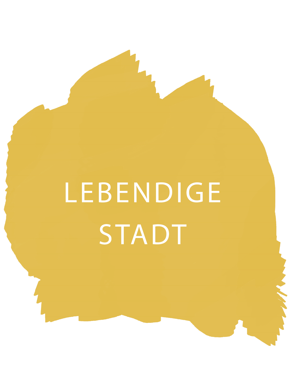 • Ein gelber Hintergrund mit einer unregelmäßigen, künstlerisch-pinselartigen Form. • In der Mitte steht der weiße Text „LEBENDIGE STADT“ in Großbuchstaben. • Das Design wirkt modern und kreativ.