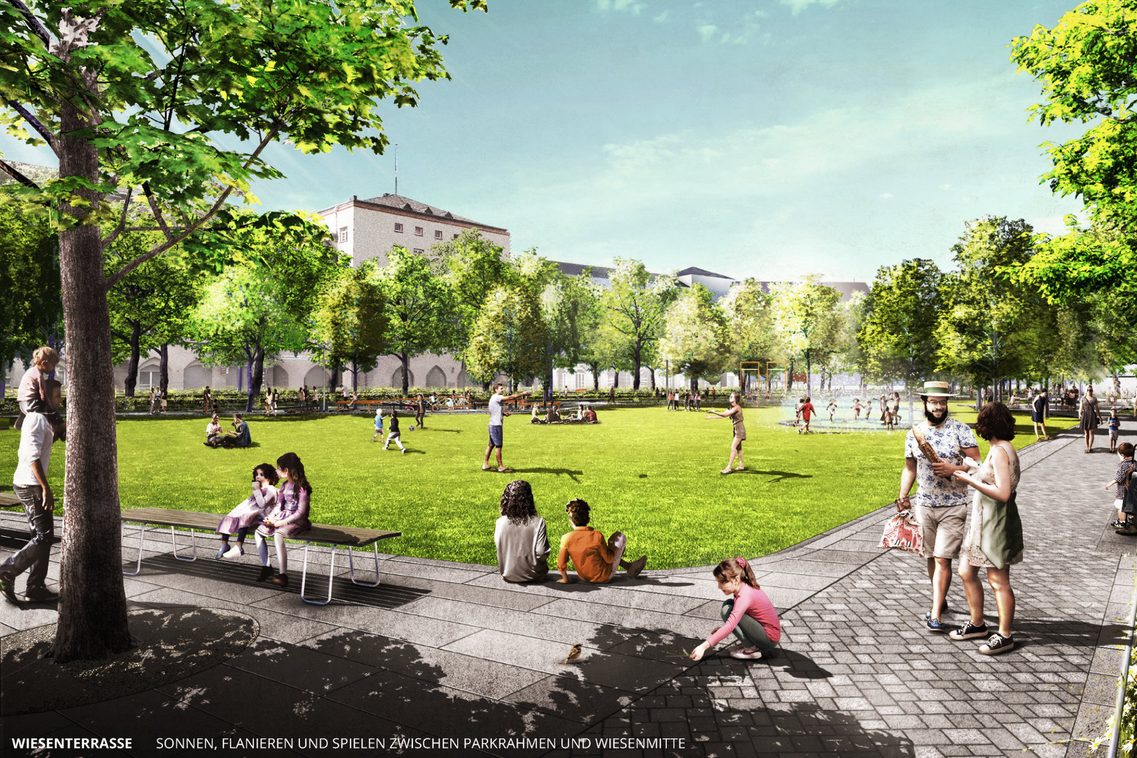Visualisierung der Wettbewerbsarbeit – Perspektive auf der die große Wiese zu sehen ist, die durch den befestigten Parkrahmen gefasst wird.