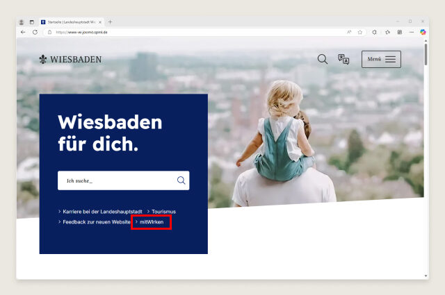 Bild der Startseite von Wiesbaden.de mit dem Link "mitwirken"