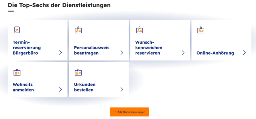 Hier sind Servicekacheln mit verschiedenen Dienstleistungen der Stadt abgebildet