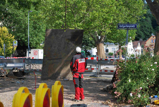 Hochwasserschutz Sonnenberg (Bauabschnitt 2, Juli 2014), die Arbeiten am Hofgartenplatz gehen in eine neue Phase.