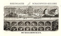 Rheingauer Schaum-Weinkellerei Schierstein. Ansicht und Querschnitt durch die Kellergewölbe. Holzstich ca. 9,5 x 16,5 cm (gelbliches Buchdruckpapier mit durchschlagenden Anzeigen auf der Rückseite). Künstler unbekannt (ca. 1880).