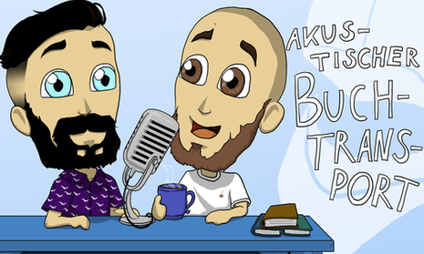 Comiczeichnung von zwei Männern am Mikrofon
