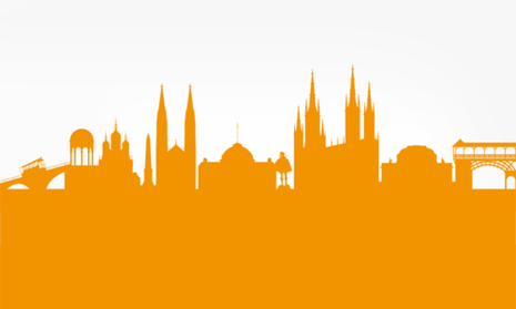 Die Skyline Wiesbadens in Orange vor weißem Hintergrund