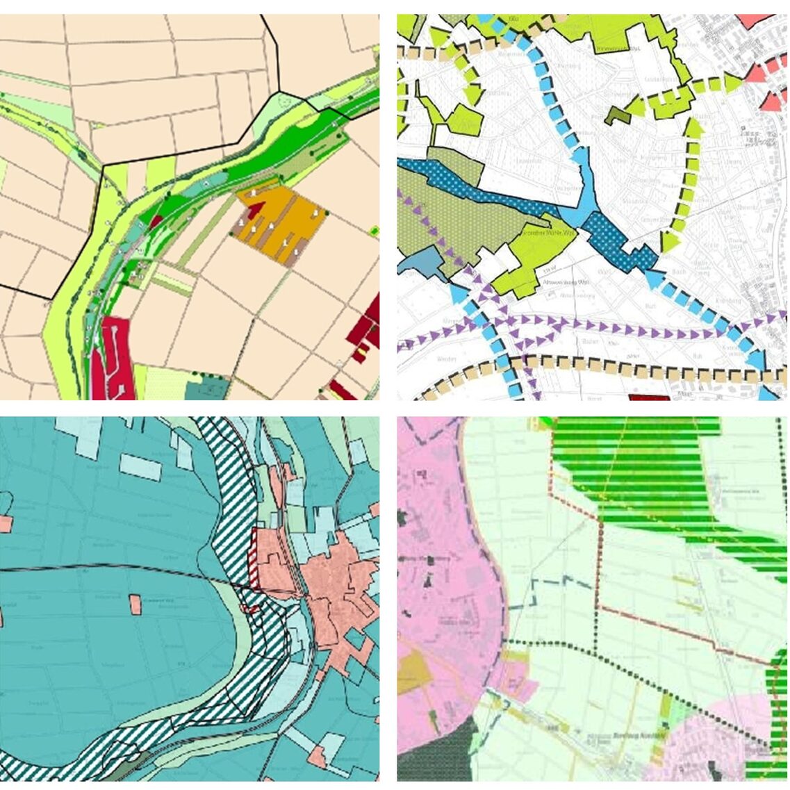 خرائط ورسوم بيانية ملونة متنوعة توضح معلومات جغرافية وحضرية مختلفة، مثل مجاري الأنهار والمباني والمساحات الخضراء والبنية التحتية.