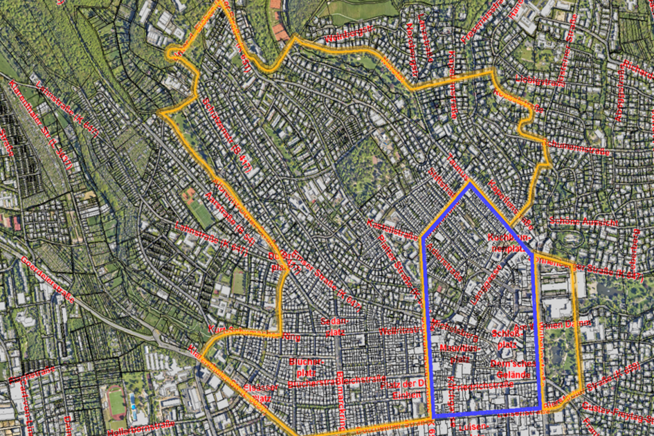 Част от картата на града - една зона е очертана с оранжева линия, а друга по-малка зона е очертана със синя линия.