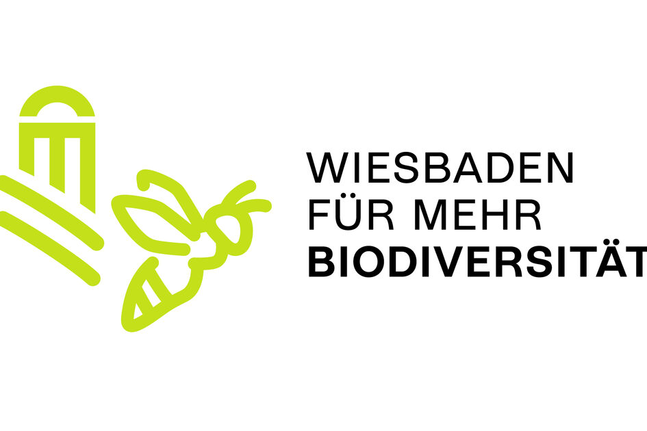 Logo con tempio e ape Neroberg stilizzati e testo "Wiesbaden per una maggiore biodiversità".