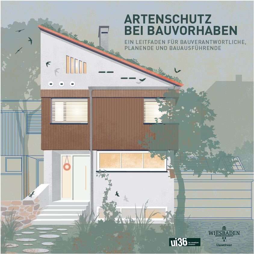 Ein modernes Einfamilienhaus, umgeben von Pflanzen und Vögeln, mit dem Titel "Artenschutz bei Bauvorhaben". Es zeigt die Kombination aus Holz- und Putzfassade und Nistmöglichkeiten für Vögel in der Fassade.