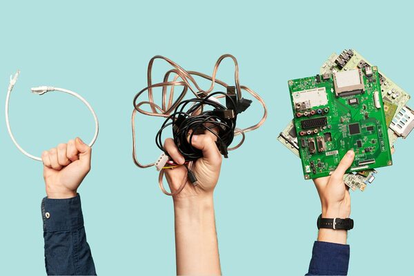 Drei erhobene Hände halten jeweils ein weißes Kabel, ein Kabelgewirr und eine grüne Leiterplatte mit elektronischen Bauteilen.