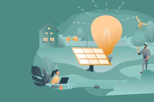 Grafik mit Solarmodul und übergroßer Glühbirne