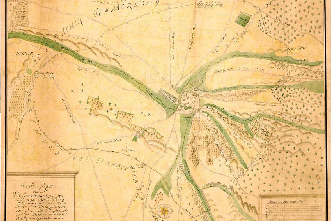 Historische Karte eines Gebiets mit Fluss, Siedlungen und umliegenden Landschaften, inklusive Wegen und markanten Punkten.