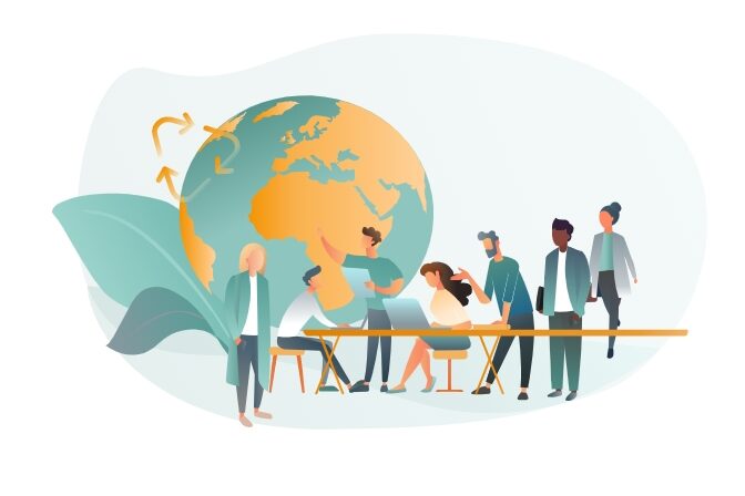 Menschen vor einem übergroßen Globus