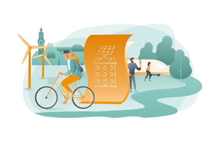 Grafik mit Radfahrerin, die eine Flagge hinter sich herzieht; im HIntergrund Windräder und eine Stadt