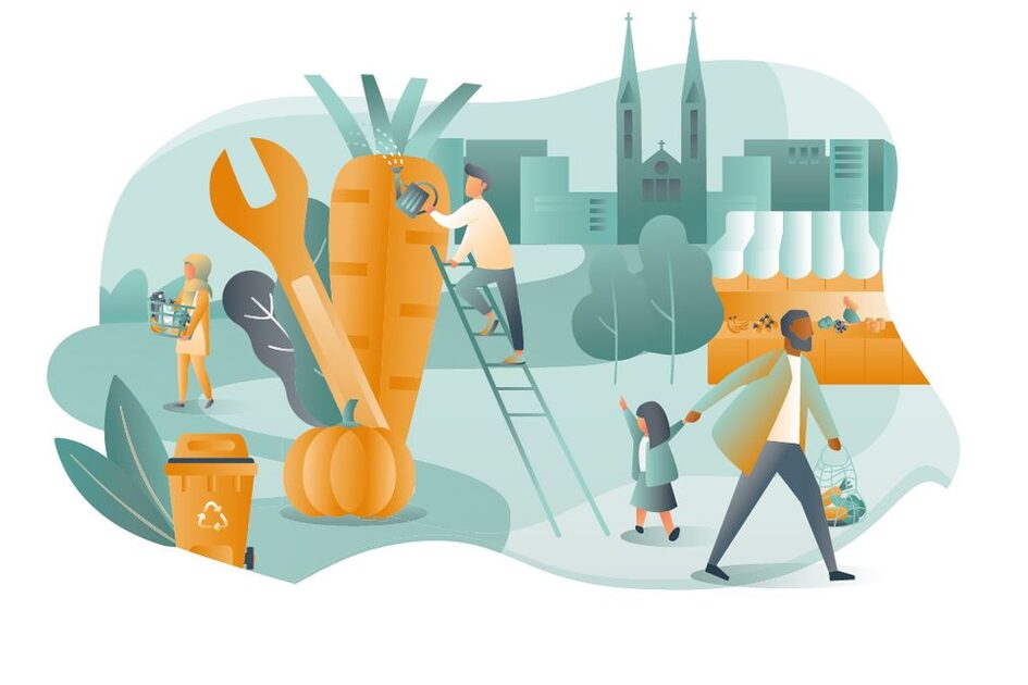 Grafik mit einer übergroßen Karotte im Vordergrund, einigen Menschen und einer Stadt im Hintergrund