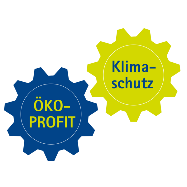 Взаимосвързани зъбни колела с думите "Ökoprofit" и "Climate protection"