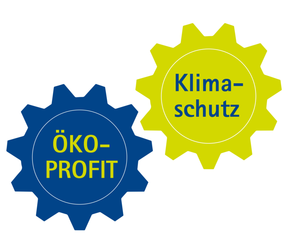 ineinandergreifende Zahnräder mit der Schrift "Ökoprofit" und "Klimaschutz"