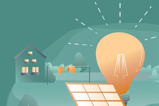 Grafik mit Haus,Solarmodul und Übergroßer Glühbirne