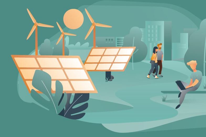 Γραφική παράσταση με ηλιακές μονάδες και ανεμογεννήτριες