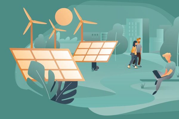 Grafik mit Solarmodulen und Windrädern