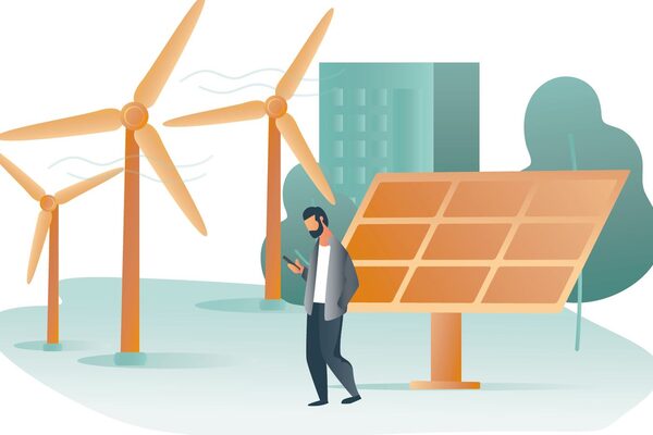 Hombre con teléfono móvil, detrás de él panel solar, turbinas eólicas y un rascacielos