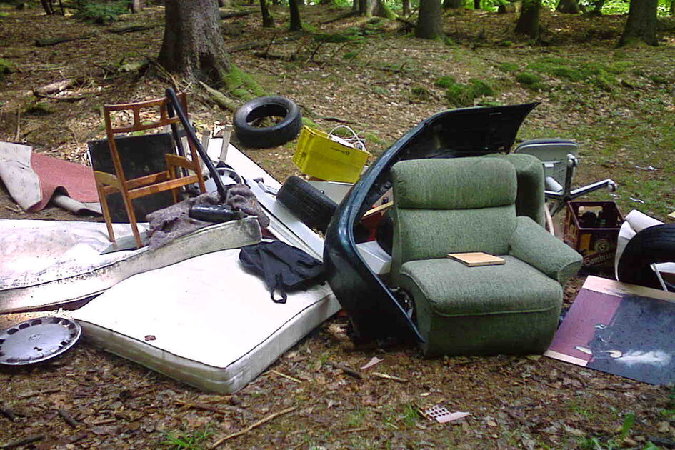 Sessel, Matratzen, Stühle, Reifen, Kisten und weiterer Sperrmüll liegt auf einer Waldlichtung.