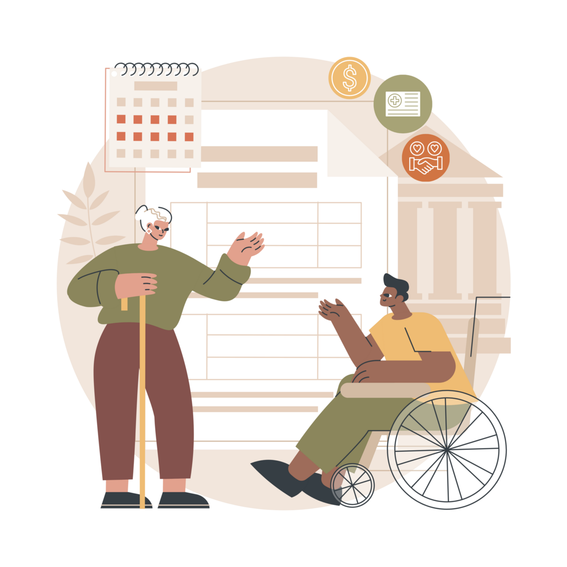 Eine ältere Frau mit Stock steht vor einem Mann im Rollstuhl und unterhält sich mit ihm