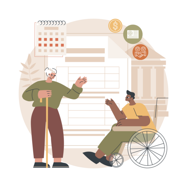 Eine ältere Frau mit Stock steht vor einem Mann im Rollstuhl und unterhält sich mit ihm