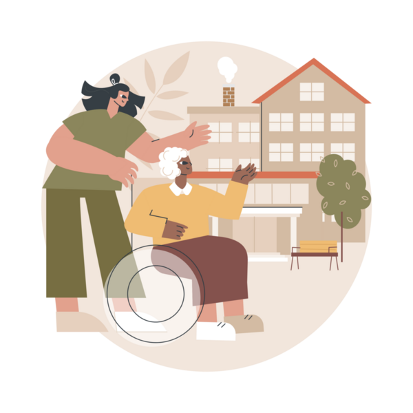 Άνδρας με μακριά μαλλιά και ηλικιωμένη γυναίκα σε αναπηρικό καροτσάκι που δείχνει ένα σπίτι