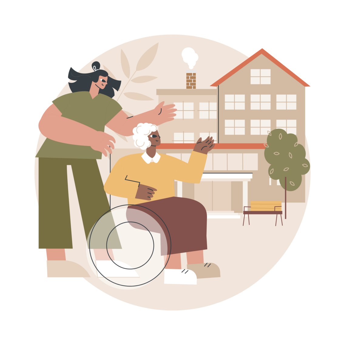 Un bărbat cu părul lung și o femeie în vârstă în scaun cu rotile arată spre o casă