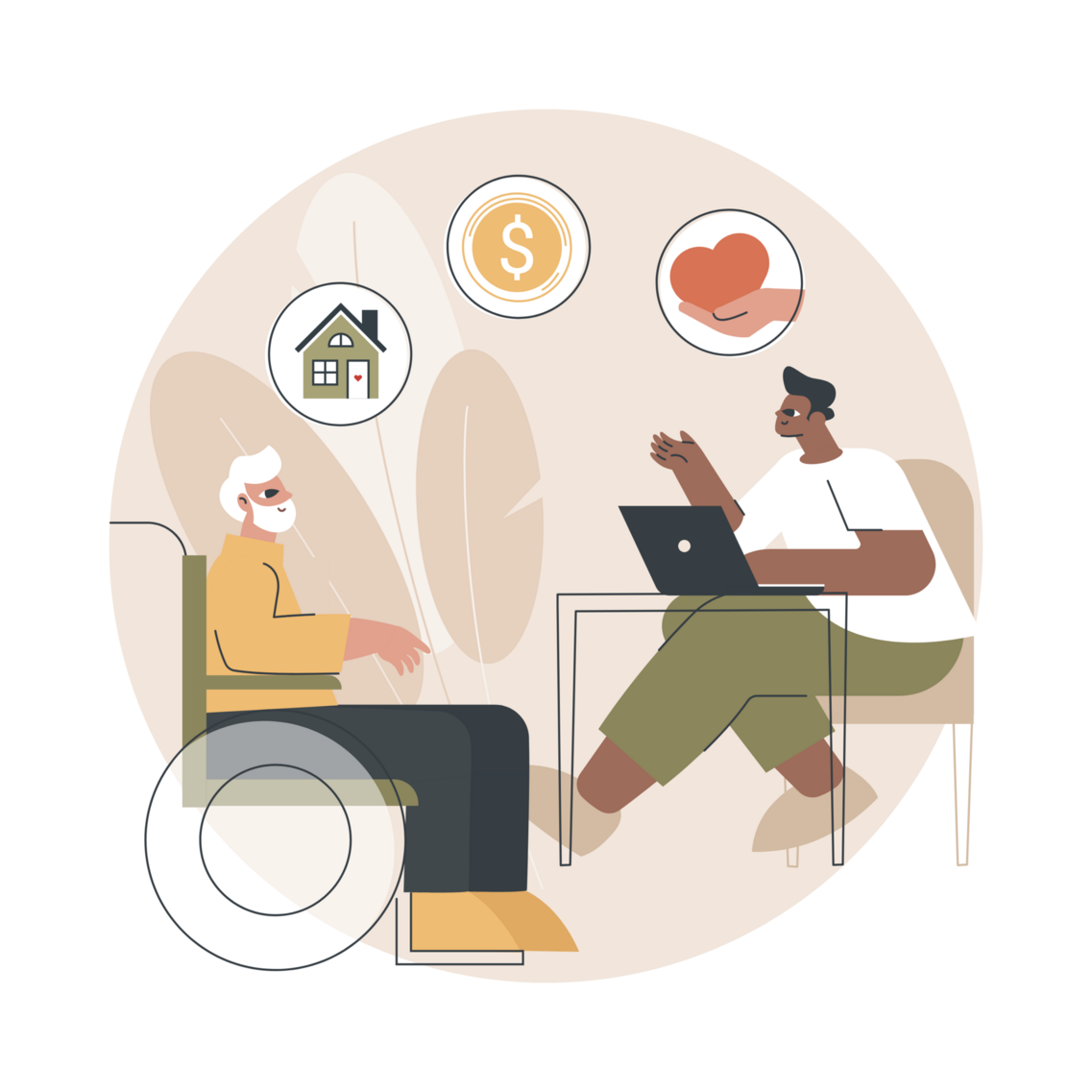 älterer Mann im Rollstuhl sitzt vor jüngerem Mann mit Laptop am Schreibtisch